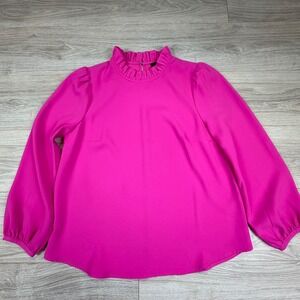 J.Crew Womens Ruffle High Neck Blouse Hot Pink Long Sleeve Career Top Size M